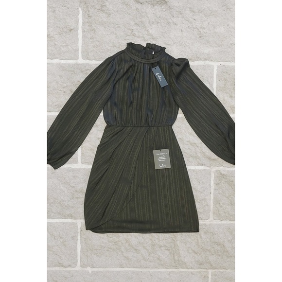 Lulus Black Sheer Metallic Stripe Long Sleeve Ruffle Mock Neck Mini Dress - Picture 1 of 5
